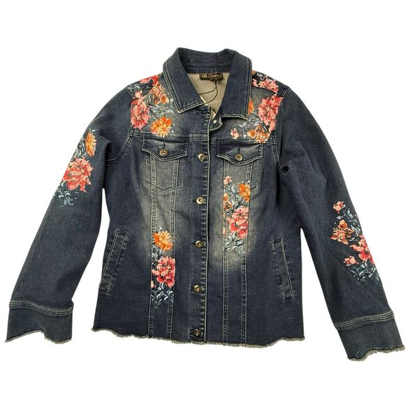 NEW DG2 by Diane Gilman Floral Denim Jean Jacket Women Size Medium Split Cuffs - Picture 2 of 12